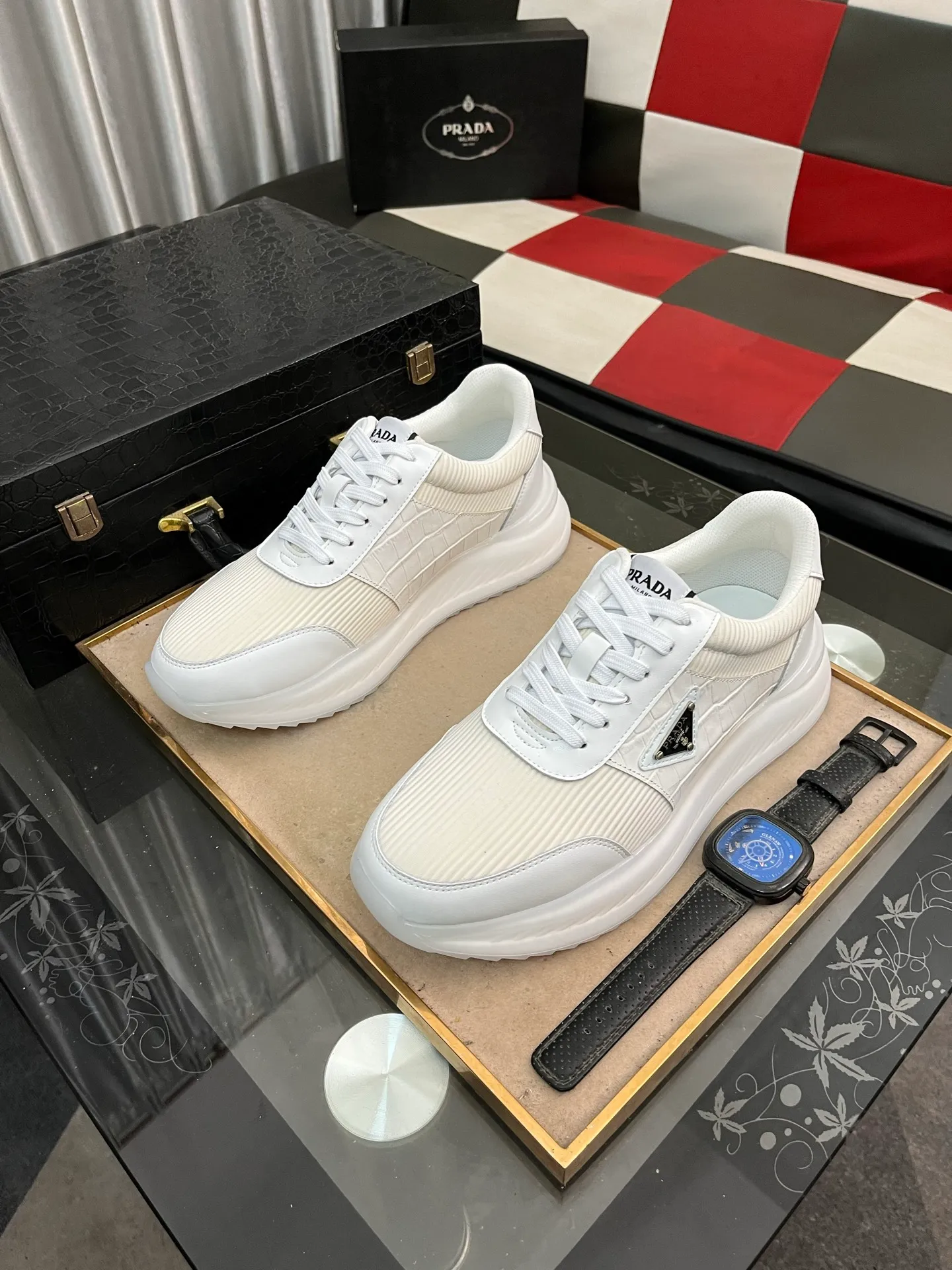 Men's shoes 💰458⌚️⌚️[PRADA] Prada Hong Kong counter casual shoes, counter quality, high-quality workmanship, uppers made of imported breathable fly-knit mesh fabric, comfortable and breathable lining, original air-cushion elastic outsole, casual fashion, high-end quality, size: 38-444️⃣Colors available